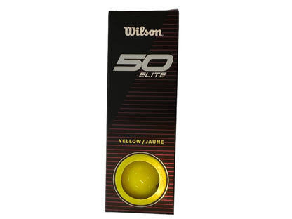 Balles de golf Wilson 50 Elite '23, balles de golf jaunes dans un emballage, conçues pour la performance sur le terrain.