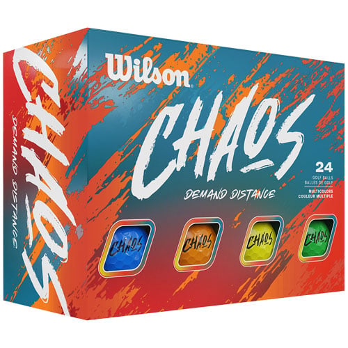 Ballons de golf Wilson Chaos colorés avec finition mate, pack de balles de golf de la marque Golf Stuff visible.