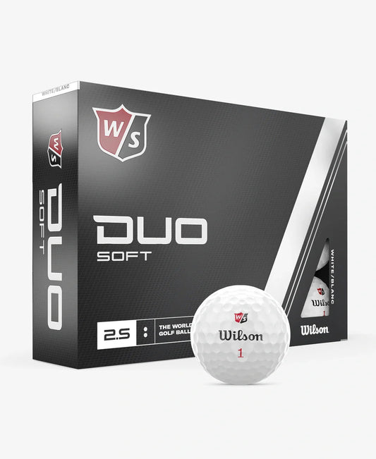 Boules de golf Wilson Duo Soft 2023 blanches dans une boîte de 12, conçues pour une performance et une douceur.