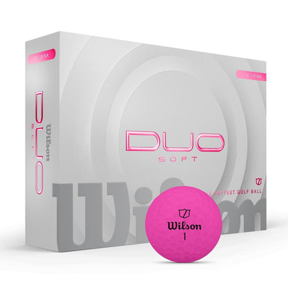 Balles de golf Wilson Duo Soft 2025, paquet de 12, balle de golf matte rose, conçue pour une performance douce et longue.
