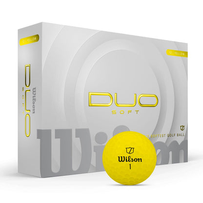 Boîte de 12 balles de golf Wilson Duo Soft 2025, balles de golf jaunes mates, conçues pour une performance optimale.