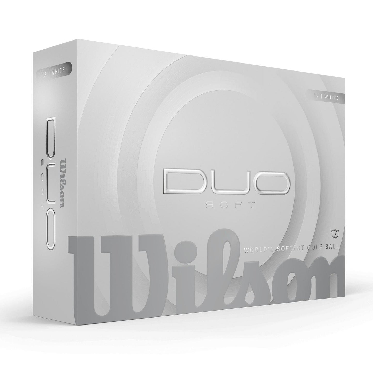 Boules de golf Wilson Duo Soft 2025 de marque Golf Stuff dans une boîte de 12, blanches et légères.