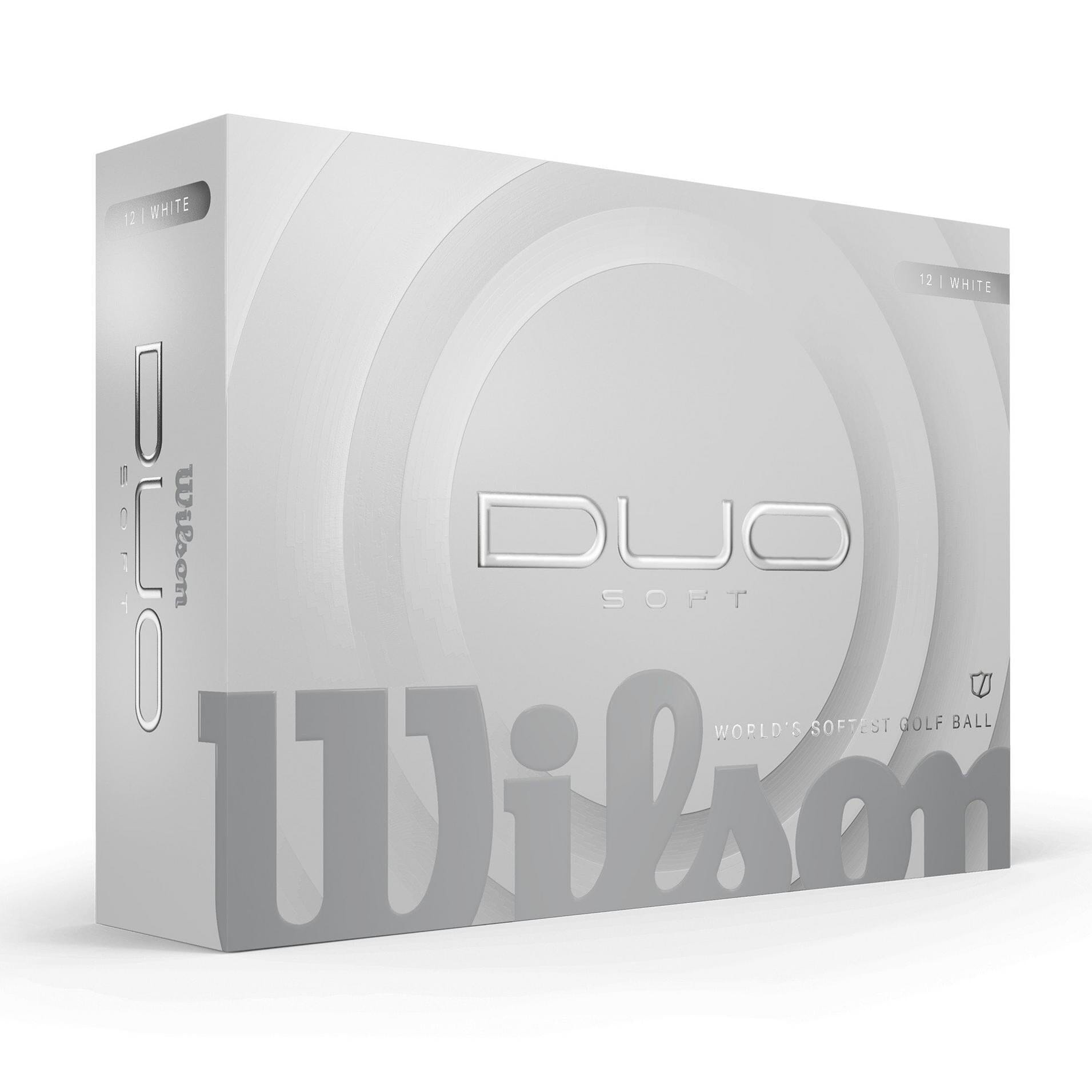 Boules de golf Wilson Duo Soft 2025 de marque Golf Stuff dans une boîte de 12, blanches et légères.