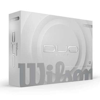Boules de golf Wilson Duo Soft 2025 de marque Golf Stuff dans une boîte de 12, blanches et légères.