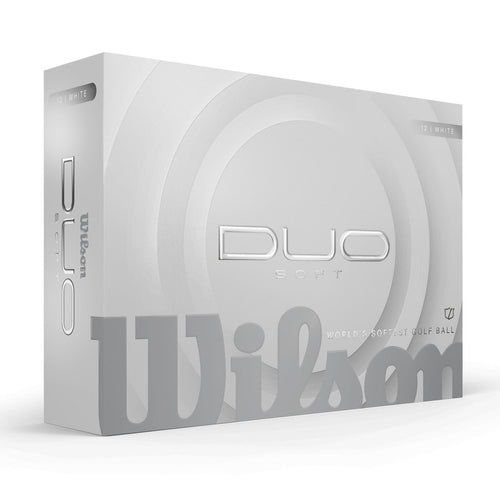 Boules de golf Wilson Duo Soft 2025 de marque Golf Stuff dans une boîte de 12, blanches et légères.