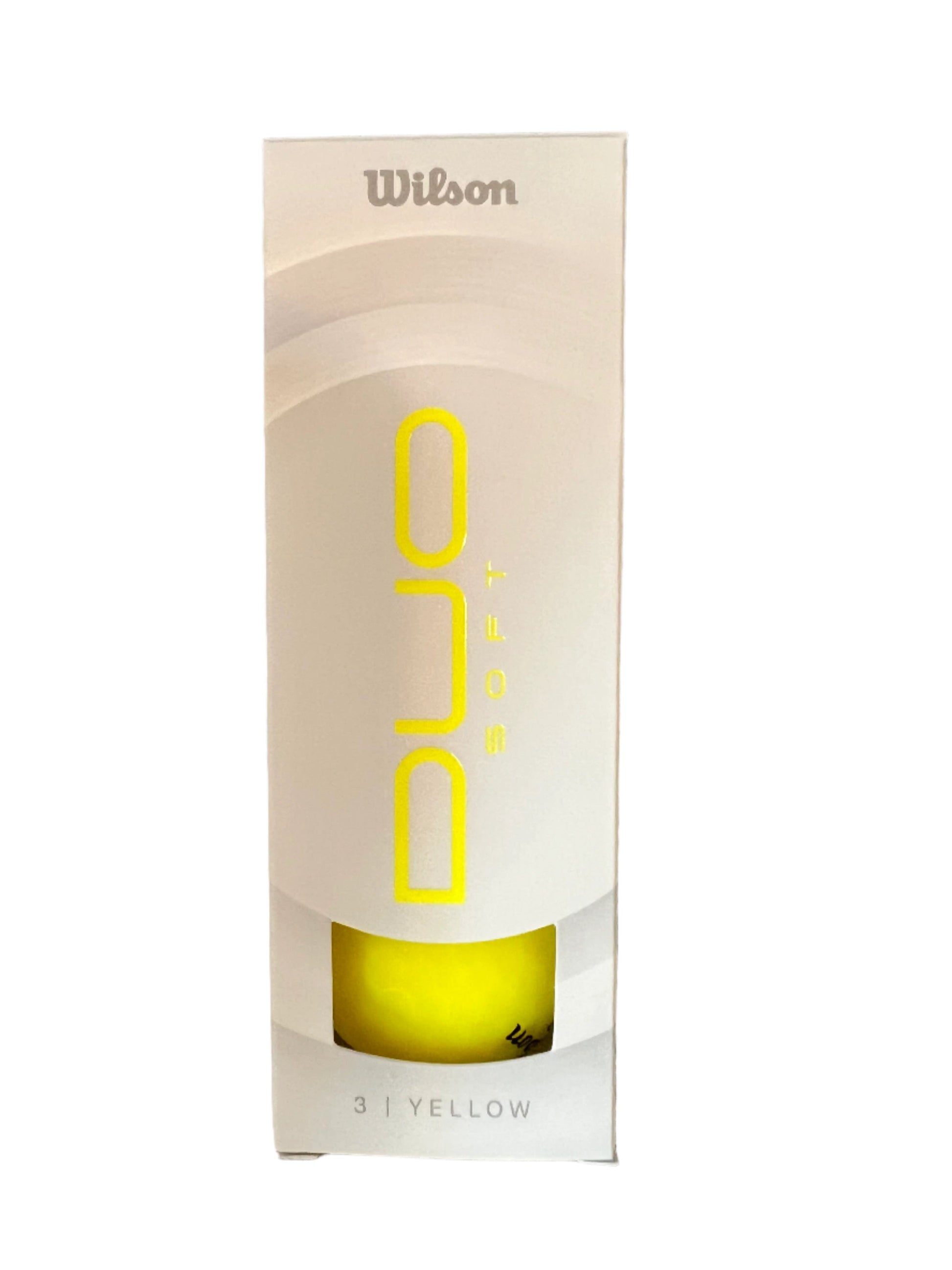 Trois balles de golf Wilson Duo Soft 2025, balle de golf jaune mate dans un emballage individuel.